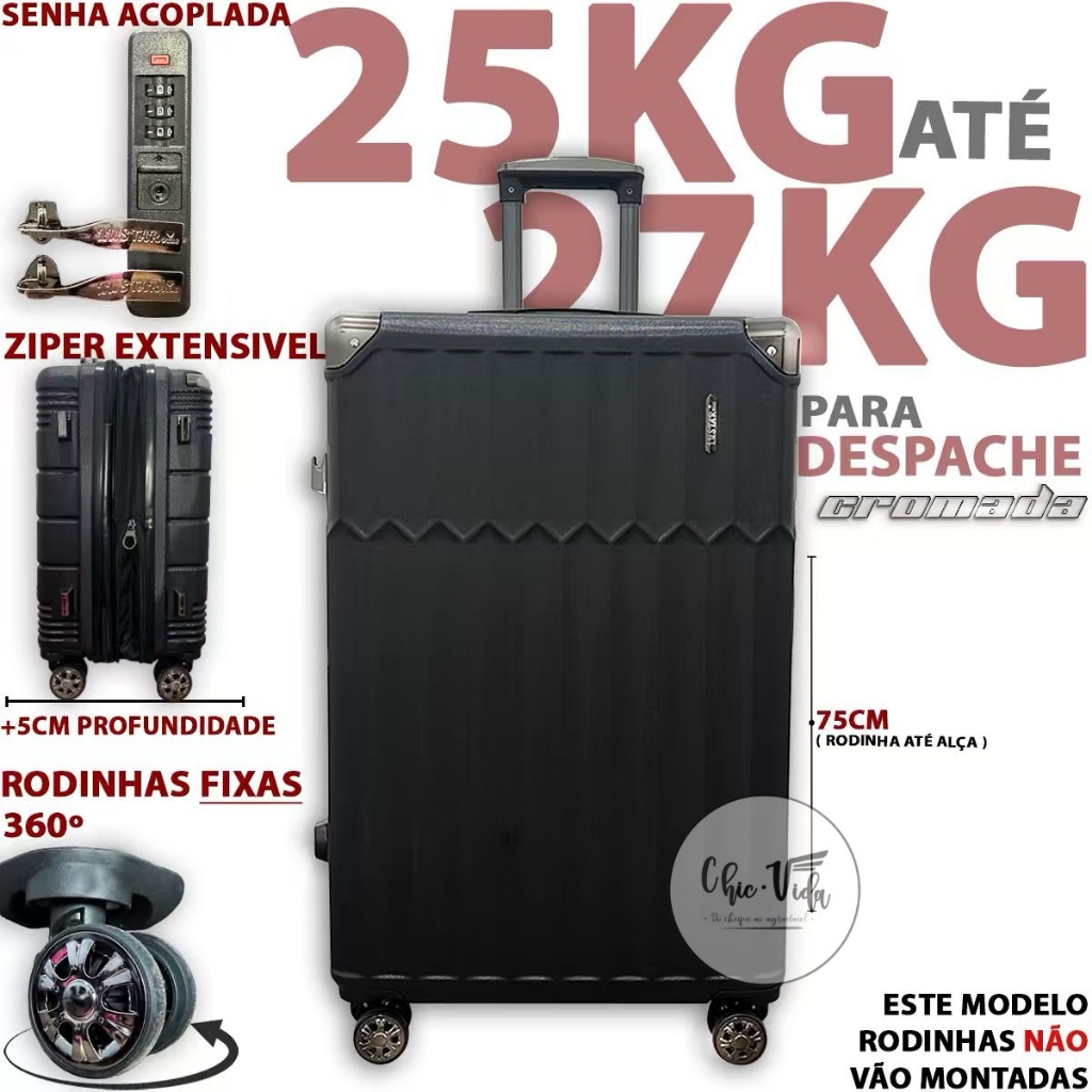 Mala de viagem 23kg zíper duplo com rodinha 360º  ABS Expansível Mala para viagem 23 kilos com senha