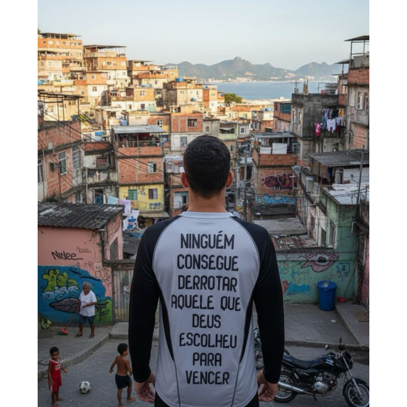 CAMISETA COM A FRASE “ NINGUÉM CONSEGUE DERROTAR AQUELE QUE DEUS ESCOLHEU PRA VENCER”