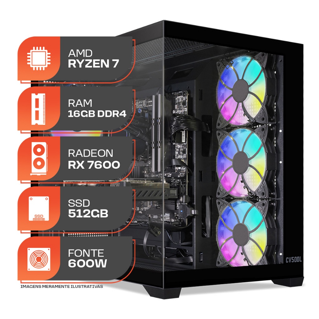 PC Gamer Spectrum, AMD RYZEN 7 5700X, Water Cooler, Radeon RX 7600 8GB, 16GB DDR4, SSD M.2 512GB, Fonte 600W 80 Plus em Oferta na Shopee