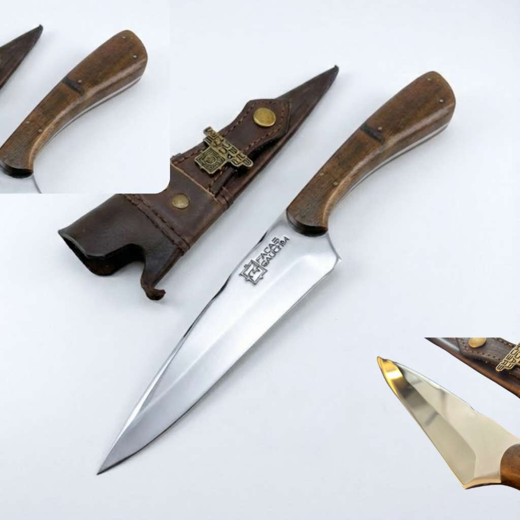 Faca Gaúcha Artesanal Churrasco Afiada 6 Polegadas Aço Inox Cabo em Madeira Bainha em Couro Natural Personalize Com Nome