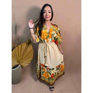 Vestido Midi Feminino Manga Morcego Decote V Lastex na Cintura Detalhe Amarração na Cintura Estampado Floral Boho Casual em Oferta na Shopee