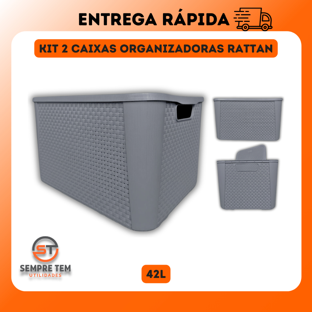 Kit 2 X Caixa Organizadora Rattan 42 Litros Grande Com Tampa Cesto Plastico Multiuso Brinquedo Roupa