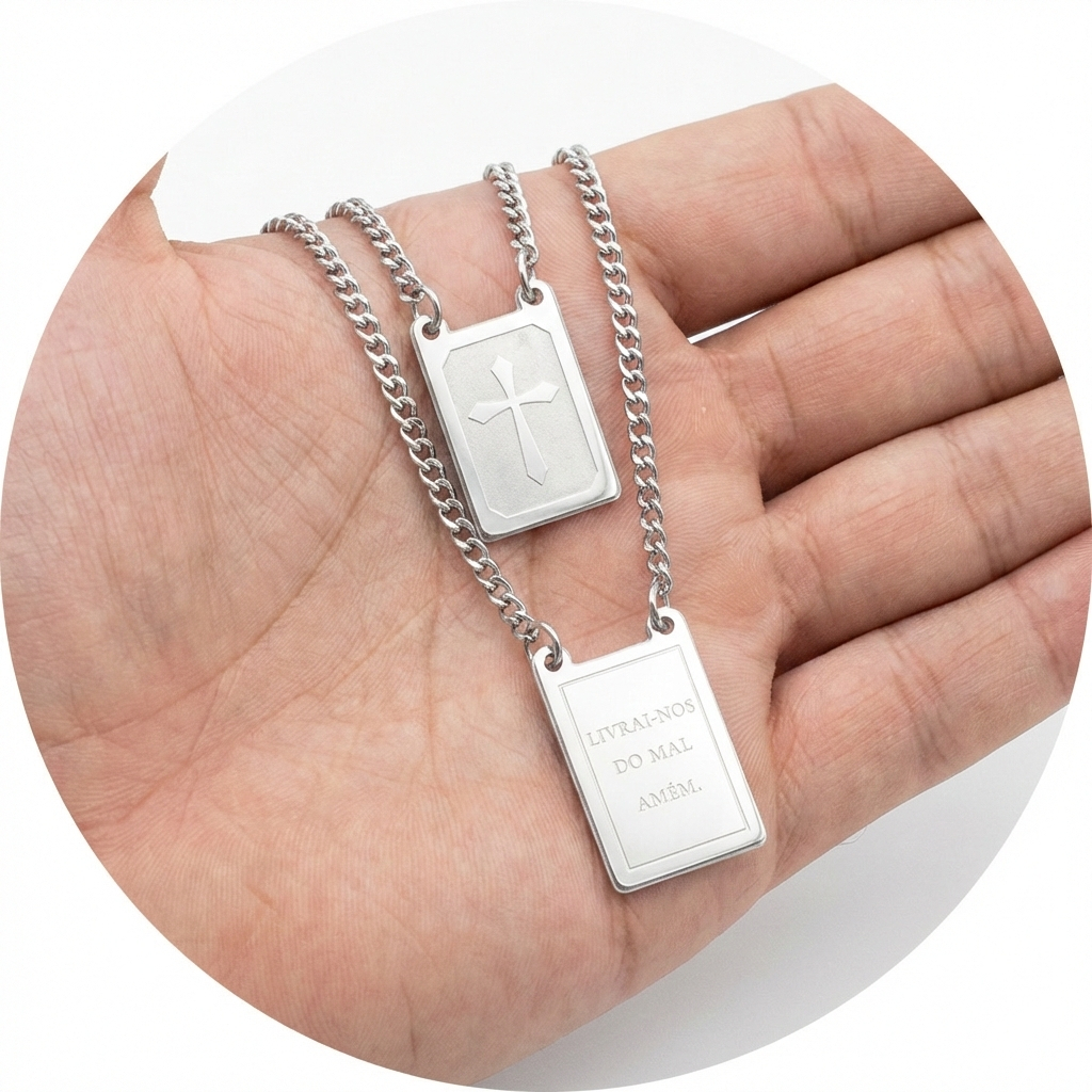 Escapulário Masculino Com Cruz E Placa Livrai-Nos Do Mal, Amém Aço Inox em Oferta na Shopee