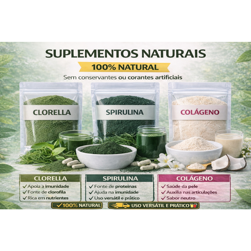 Kit Natural Clorella + Spirulina + Colágeno | Uso Alimentar Funcional
