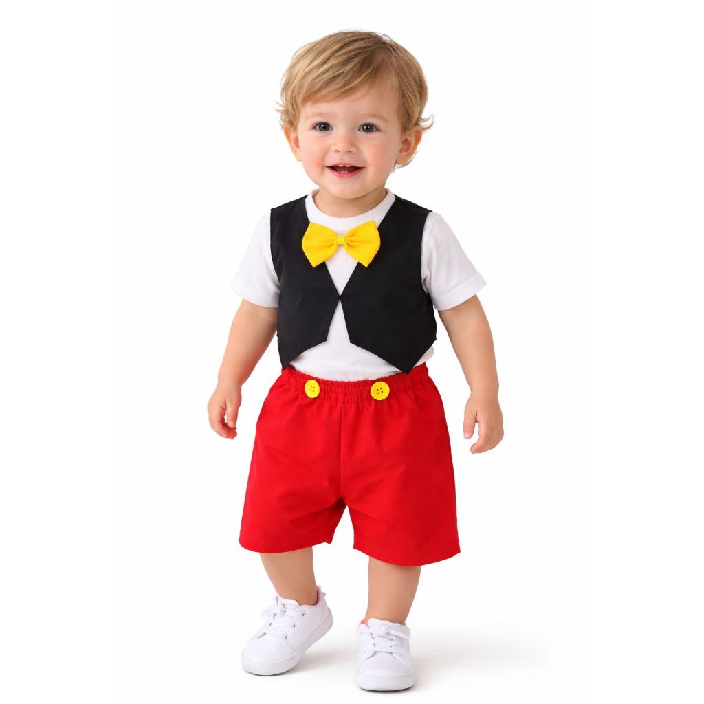 Kit Roupa Aniversário Conjunto De Bebê Menino Festa Infantil Tema Mickey 3 Pçs Colete + Shorts + Camiseta C/ Gravatinha
