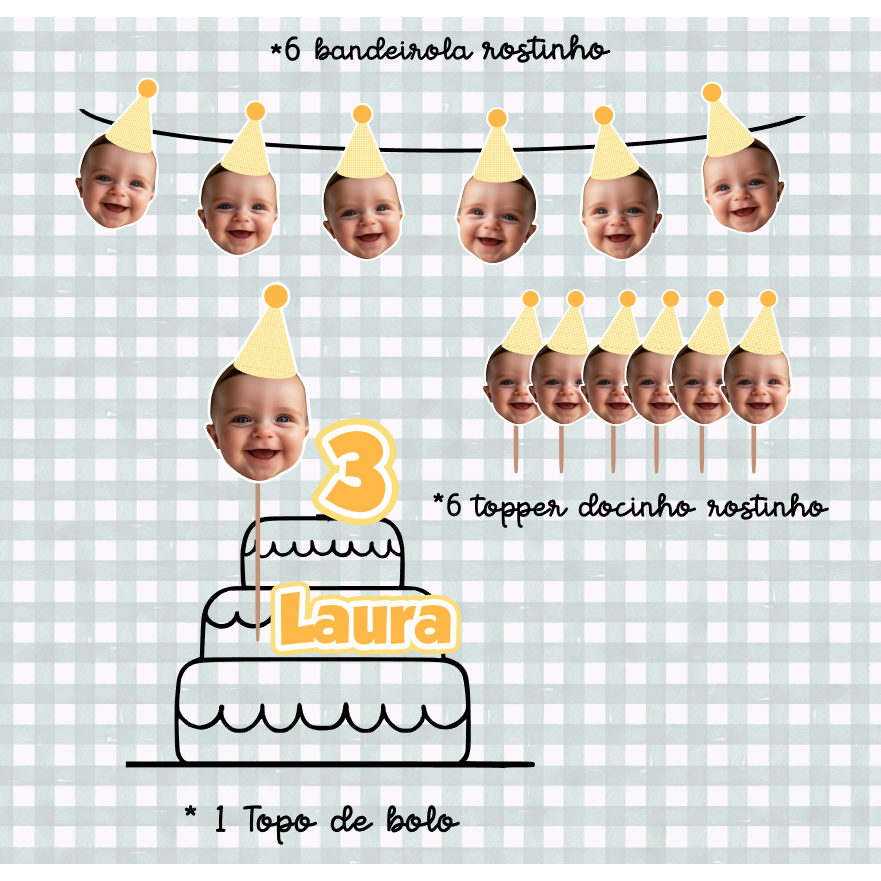 Kit festa ROSTINHO  só um bolinho personalizado foto bandeirola e tags festa infantil mesversário em Oferta na Shopee