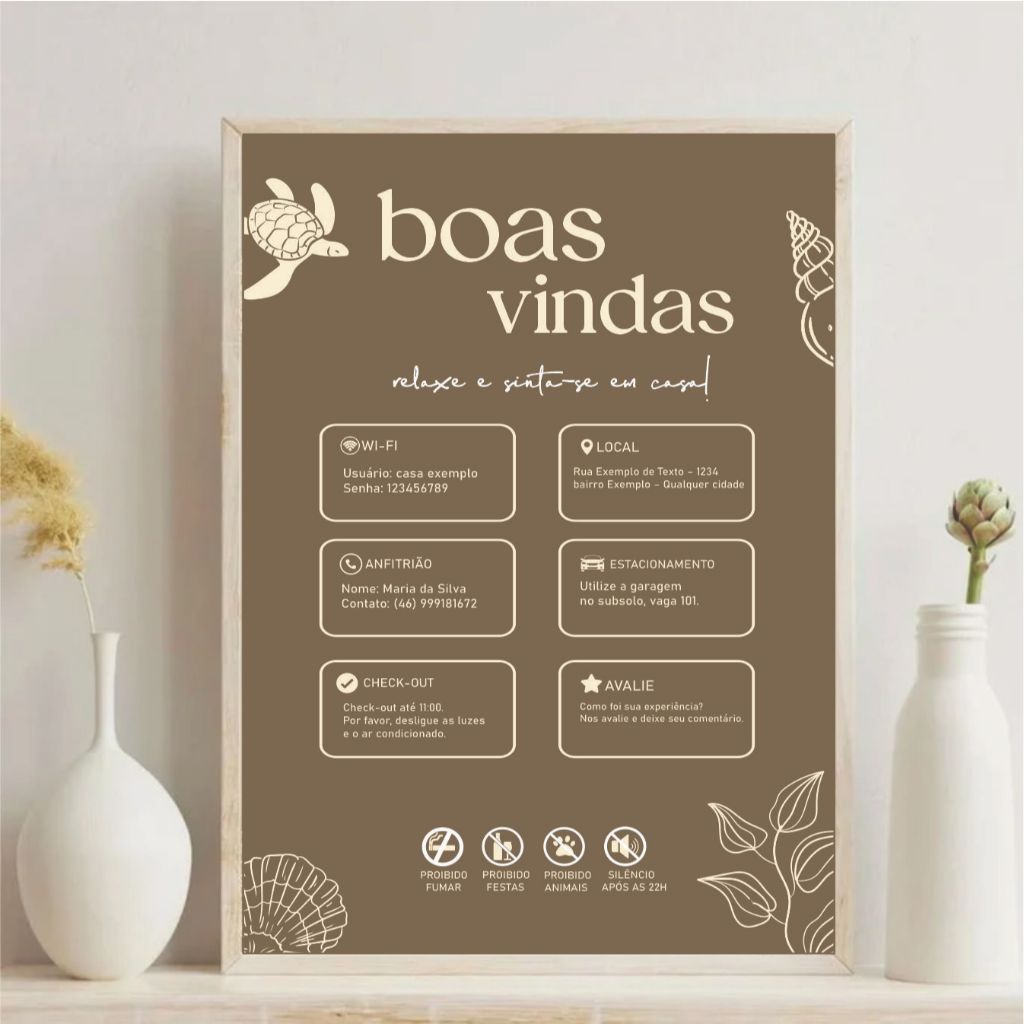 Quadro Boas-Vindas Airbnb Regras Wi-Fi Informações Hóspedes Decoração Vibe Praiana MARROM ABPR