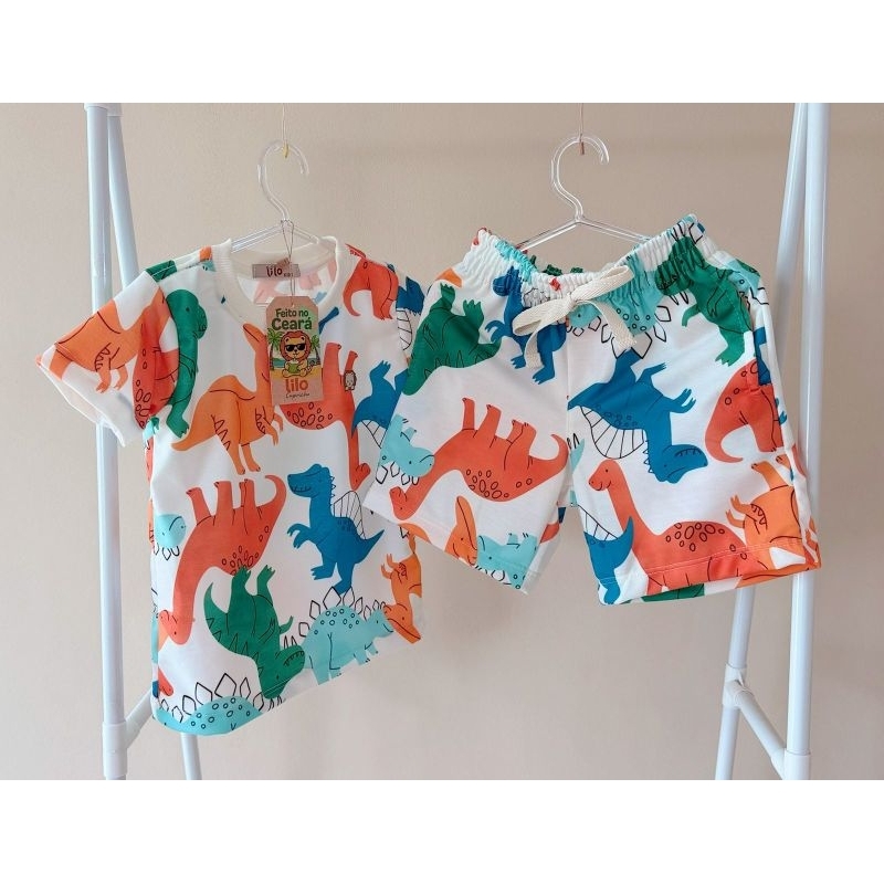 Conjunto Infantil Masculino Estampado | Dinossauro Arca de Noé Animais | Camiseta + Short | Roupa de Menino Verão