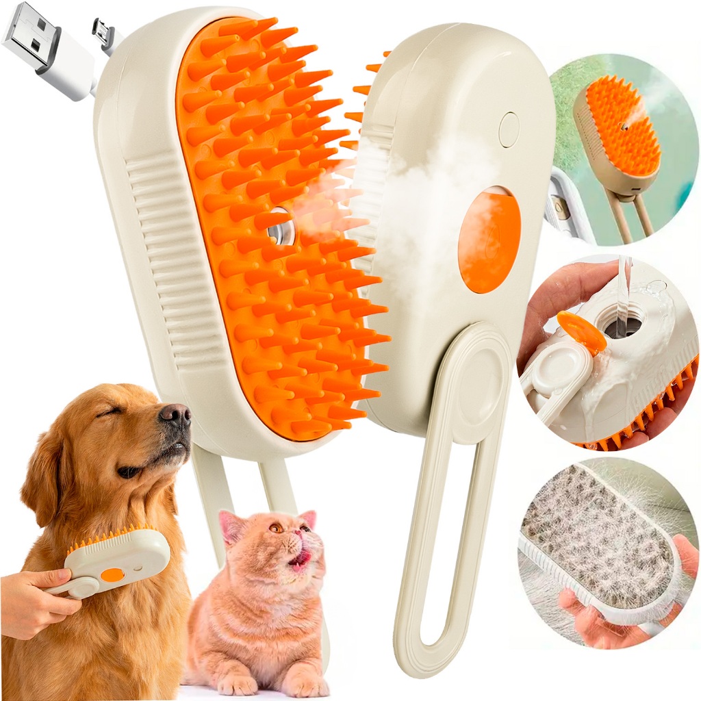 Escova Vapor Pet Elétrica Cães Gatos Tira Pelos Massagem 3 em1 PRONTA ENTREGA