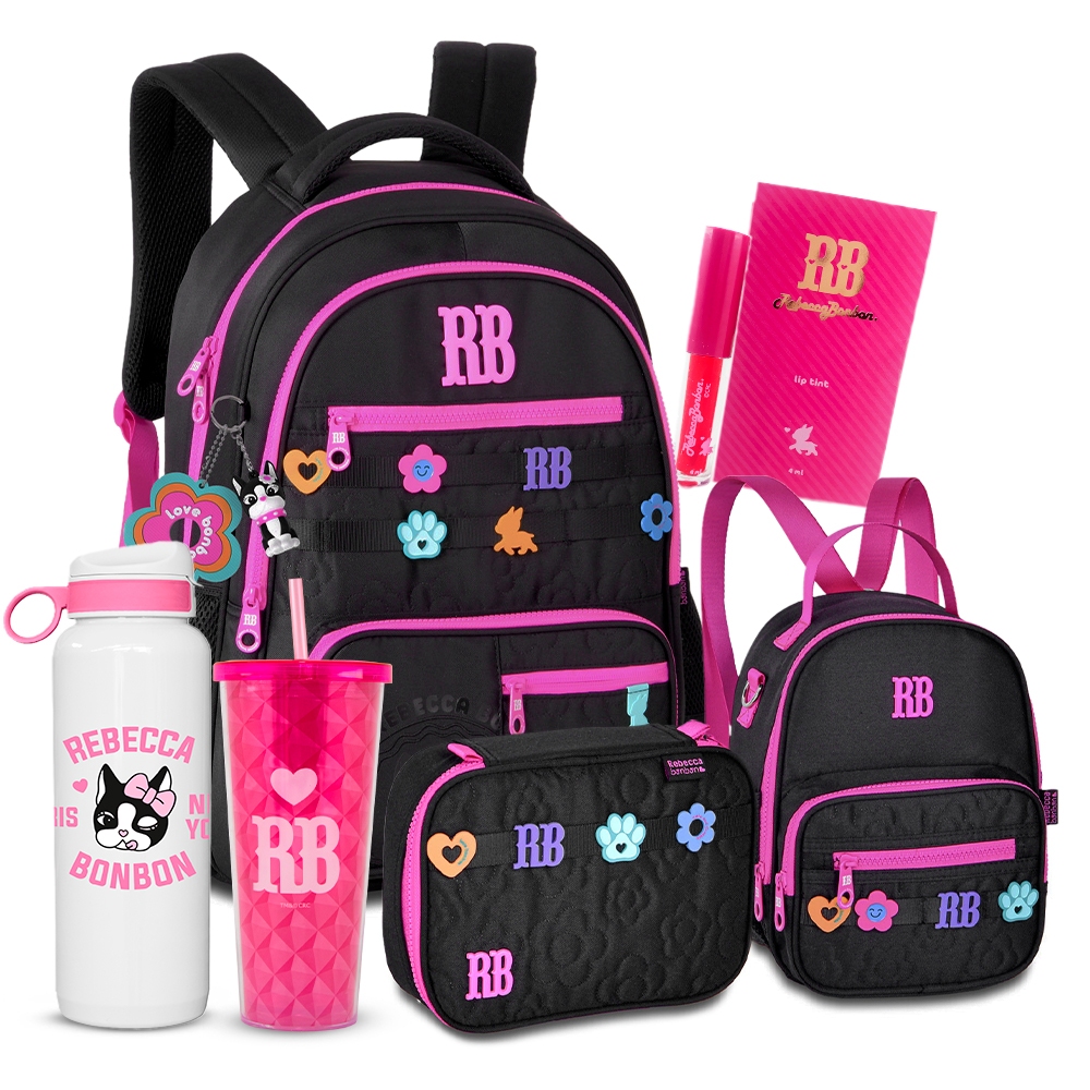 Kit Rebecca Bonbon Mochila Soft Flores Estojo Box Grande Lancheira Térmica RB Juvenil Meninas