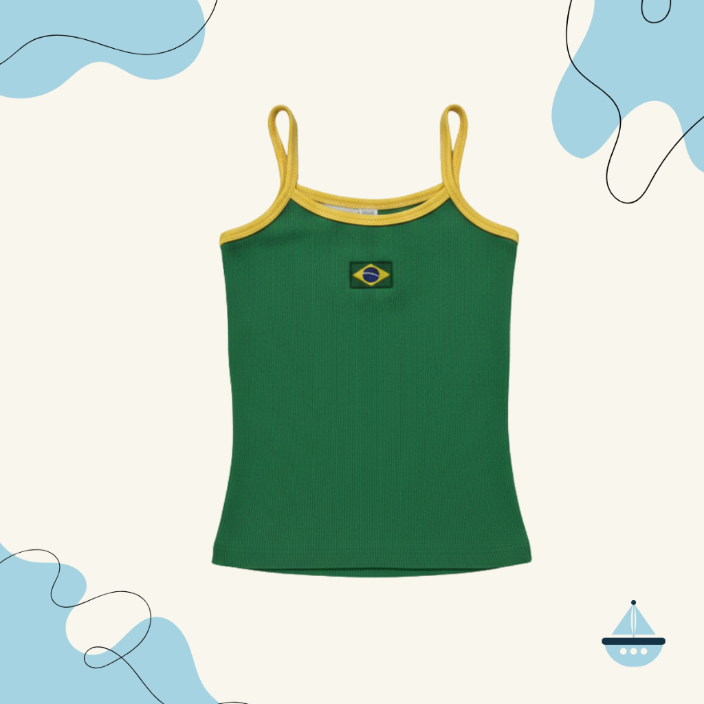 Regata Infantil Feminina do Brasil Bandeira Alça Fina Algodão  Blusinha Verão Copa do Mundo Futebol