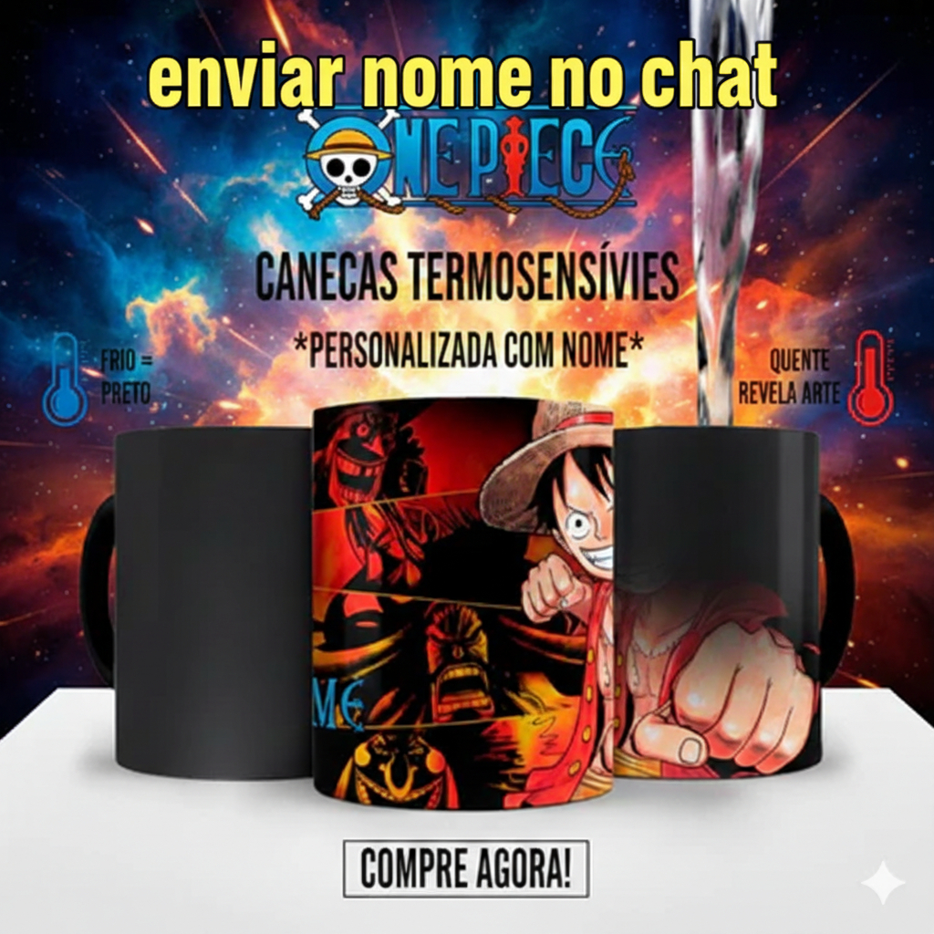 Caneca Mágica One Piece Luffy Oikos com Nome Personalizado Luffy