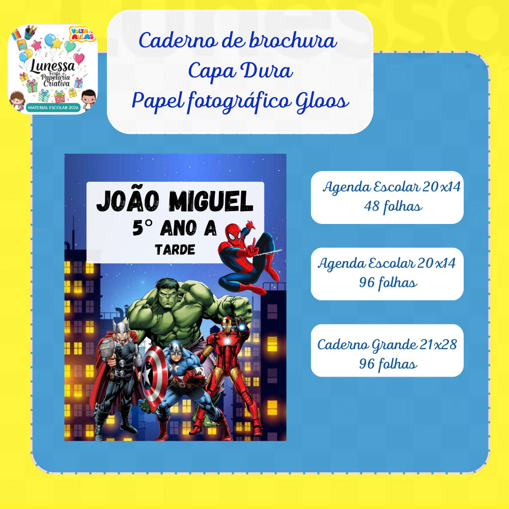 Agenda/ Caderno escolar personalizada tema Vingadores e Homem Aranha 48/96 folhas capa dura. em Oferta na Shopee