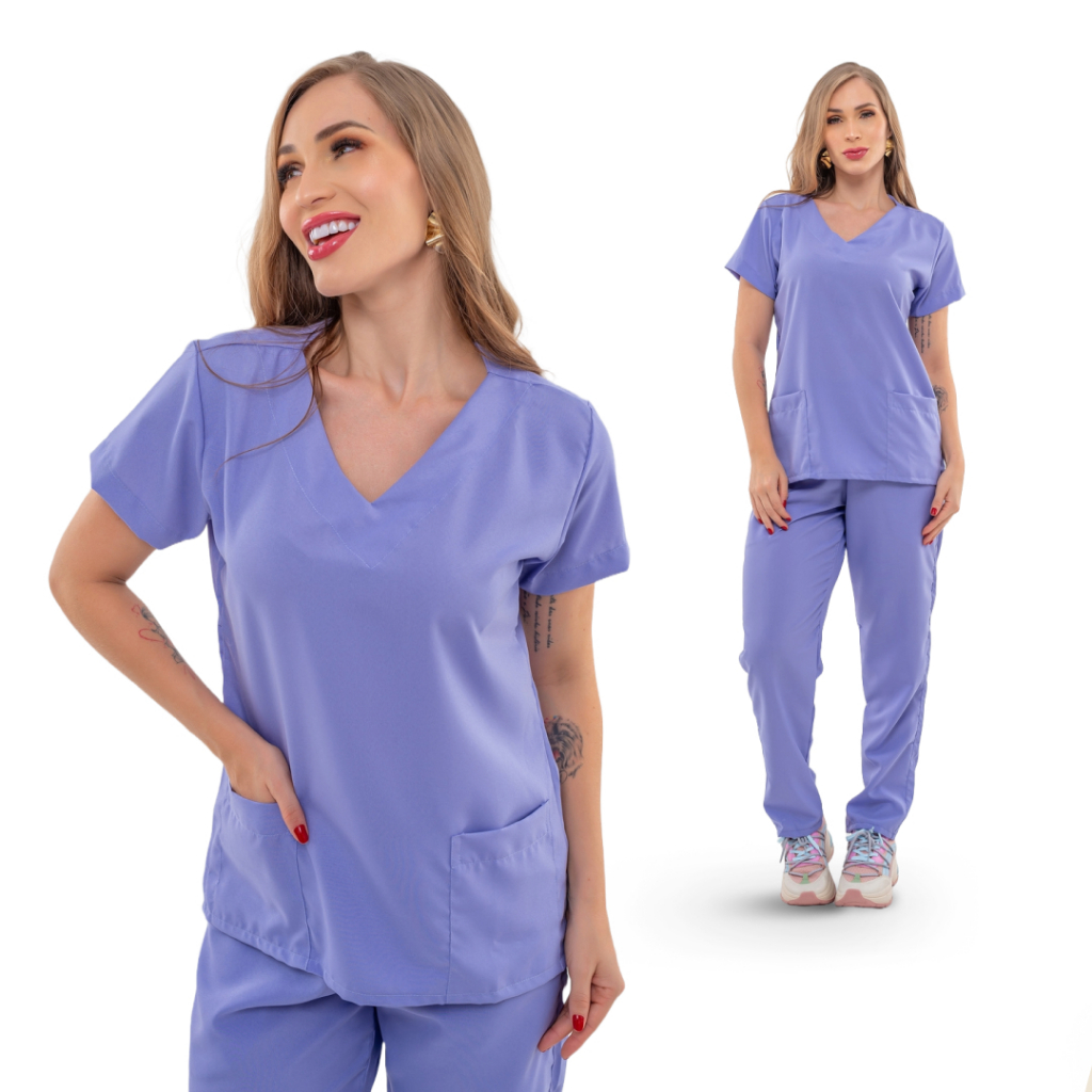Conjunto Pijama Scrub Oxfordine Uniforme Enfermagem Basico Lilás Roupa Privativa em Oferta na Shopee