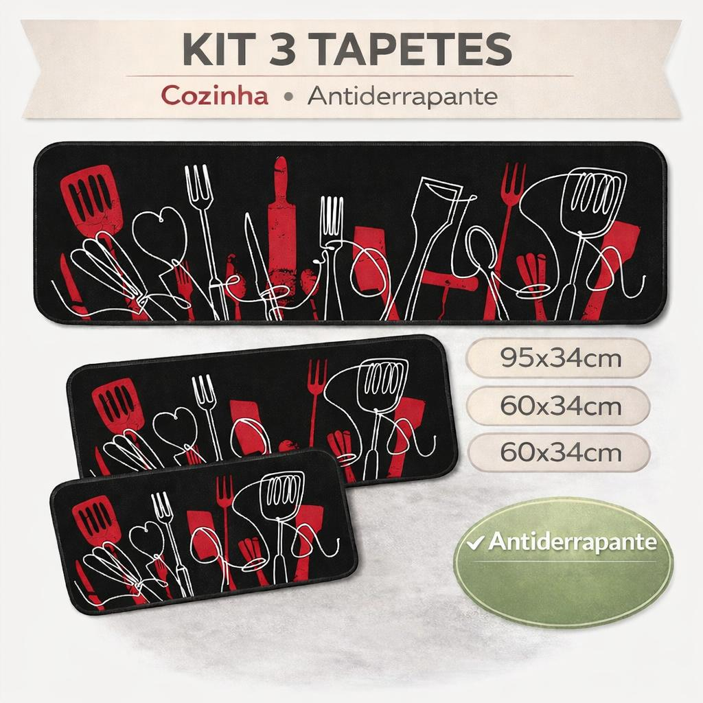 Kit 3 Tapetes de Cozinha Antiderrapante - Talheres