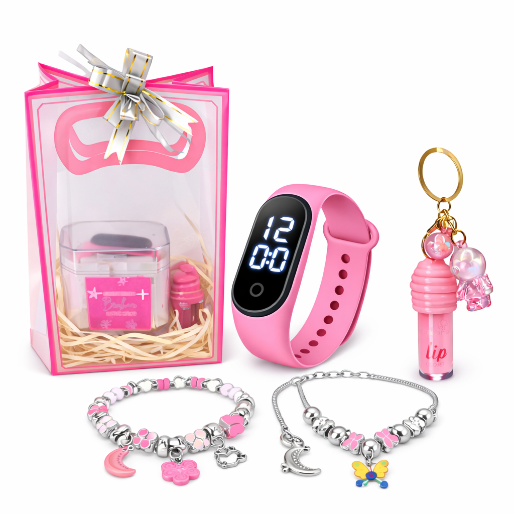 Kit Relógio Infantil Menina + Pulseira Cola Berloque + Gloss Labial c/ Chaveiro Fofo Sacola - Presente Dia das crianças