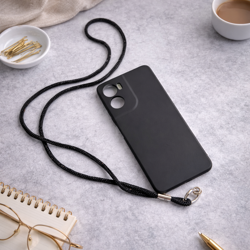 Cordão Para Capinha Celular Segura Pescoço e Ombro Brilhosa Preto SP02