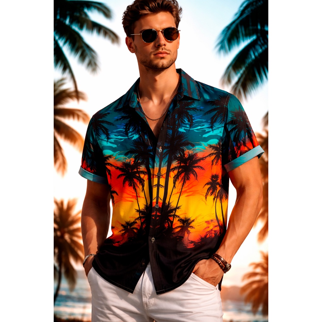Camisa De Botão Palmeira Com Estampa Havaiana Floral, Preto Claro E Laranja, Degradê De Cores, Cenas Litorânea [Ref-180]