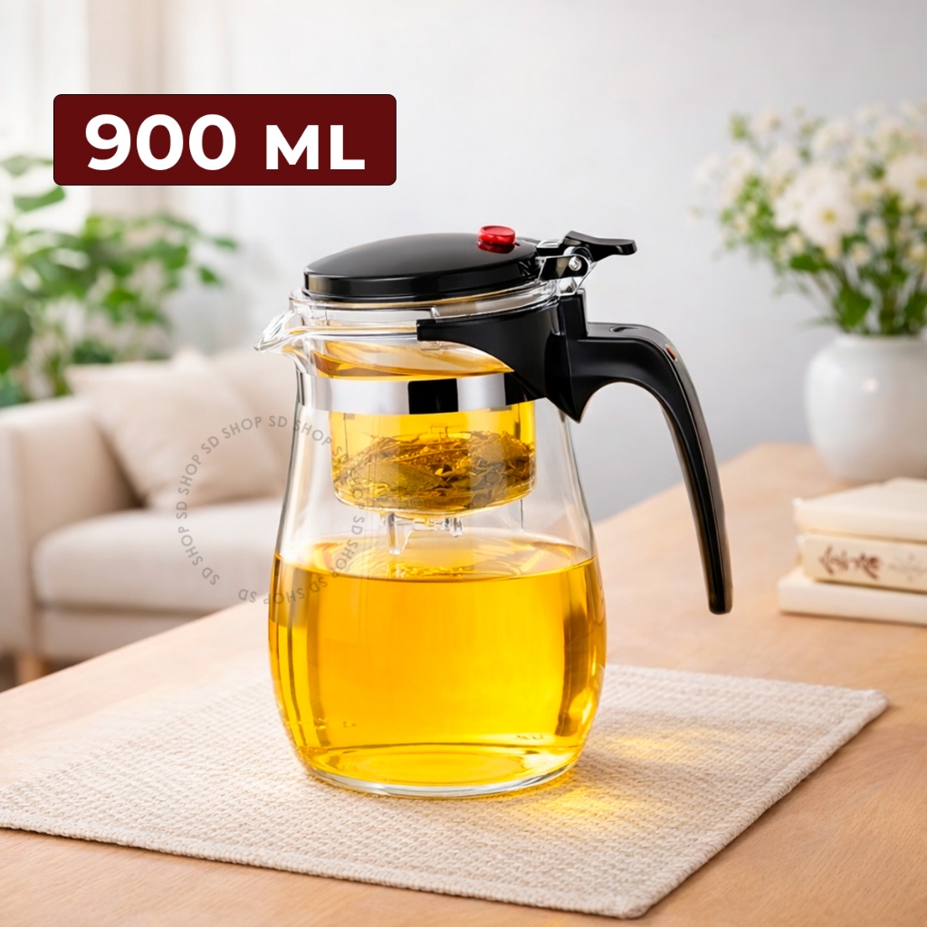 Chaleira Bule Jarra de Vidro Para Chá 900ML Com Tampa de um Toque Com Infusor Reutilizável em Oferta na Shopee