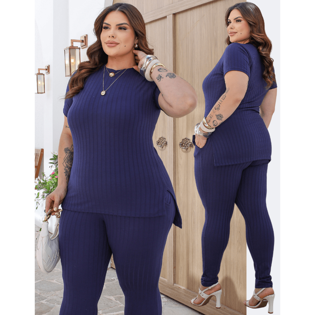 Conjunto Feminino Canelado Plus Size Blusa Tapa Bumbum Manga Curta Calça com Bolsos Premium Confy