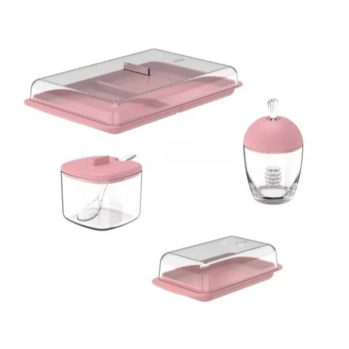 Kit 4 Itens Mesa Posta Rosa Decoração Porta-Frios Manteigueira Açucareiro Meleira Acrilico Break