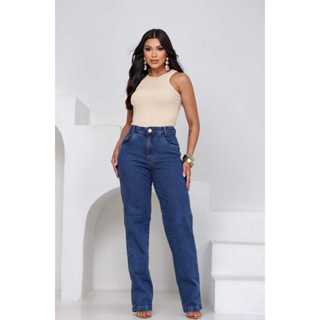 calça jeans feminina reta de alta qualidade que modela o corpo, perfeita para usar com tênis, salto e sandalia em Oferta na Shopee