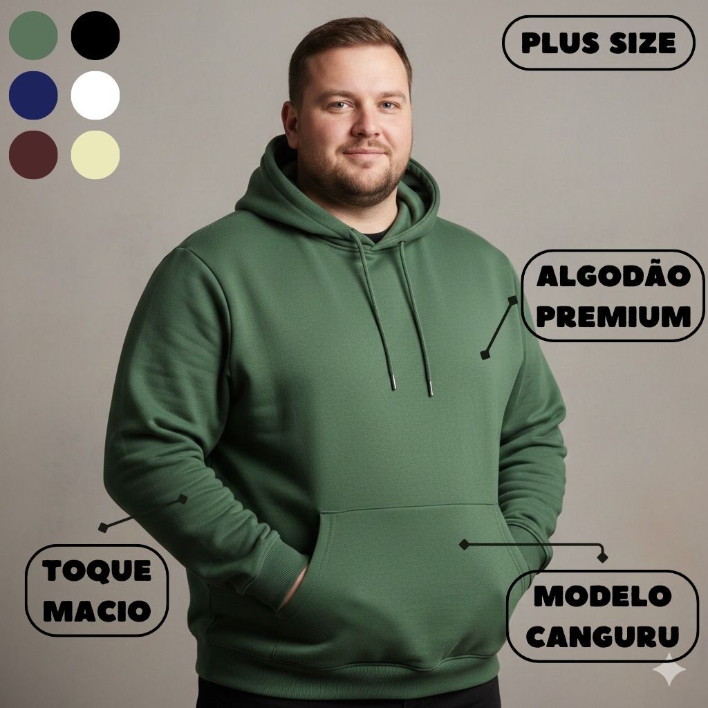 Moletom Plus Size Algodão Premium Bolso Canguru com Capuz Confortável G1 ao G5