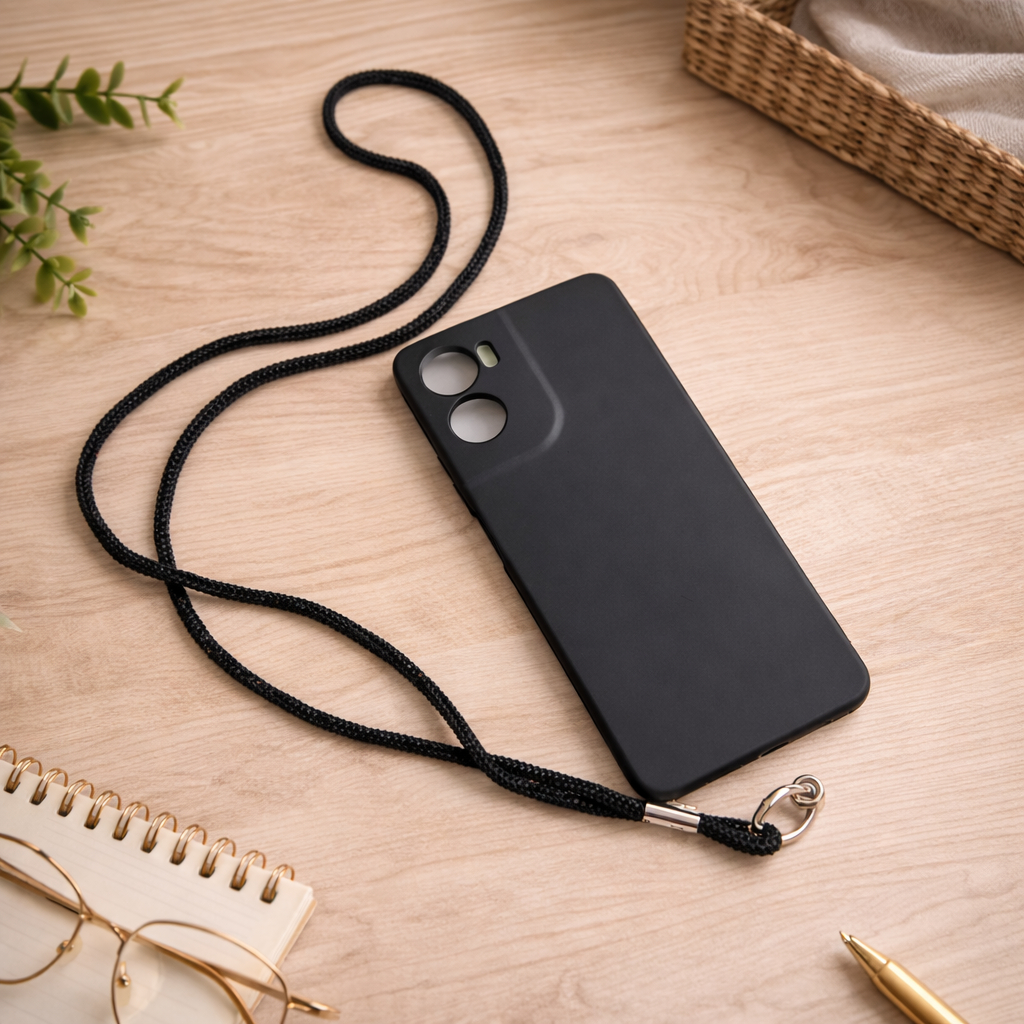 Corda Cordão Para Segurar Capinha Celular Ombro e Pescoço Preto Brilhoso SP02