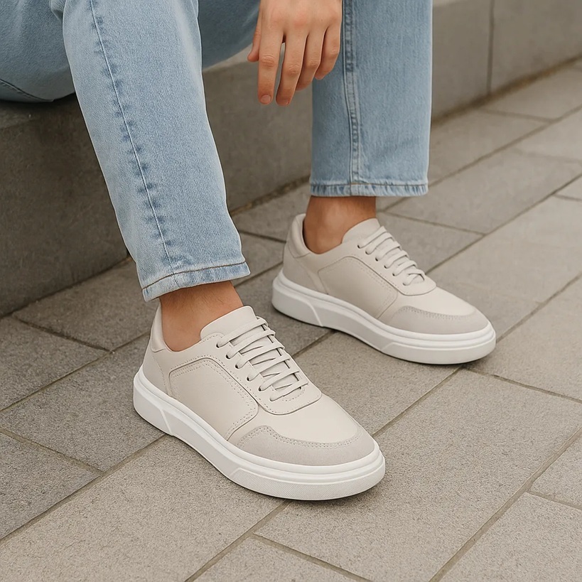 Tenis Masculino Branco em Couro Legitimo Palmilha Gel Confortável Sapatenis Elegante Moderno
