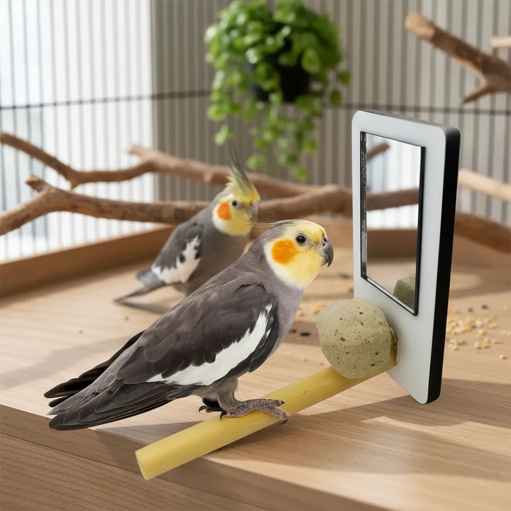 Espelho com Poleiro e Pedra de Cálcio para passaro calopsita,periquito,papagaio,ring neck,aves