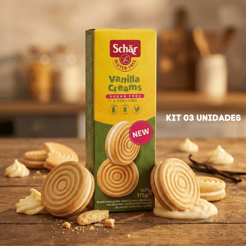 Kit com 3 Biscoitos Vanilla Creams Sem Glúten e Zero Açucar de 115g cada Schar