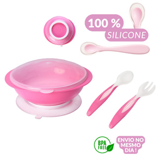 Kit Prato com Tampa Ventosa Colher e Garfo + Colher silicone Para Bebê em Oferta na Shopee
