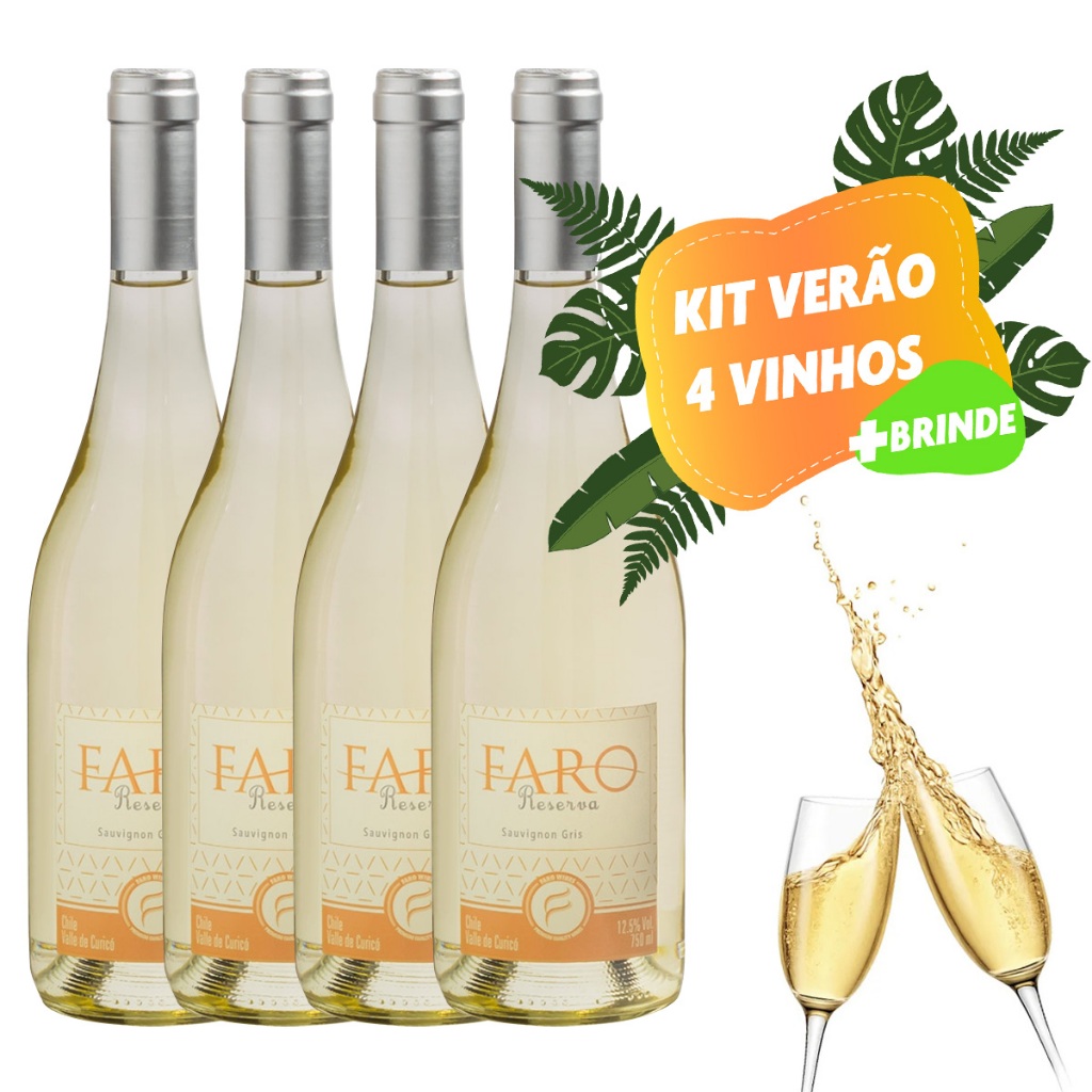 Kit VERAO 4 Vinho Branco seco Faro Reserva Sauvgnion gris 750ml + 2 taça acrilico Presente