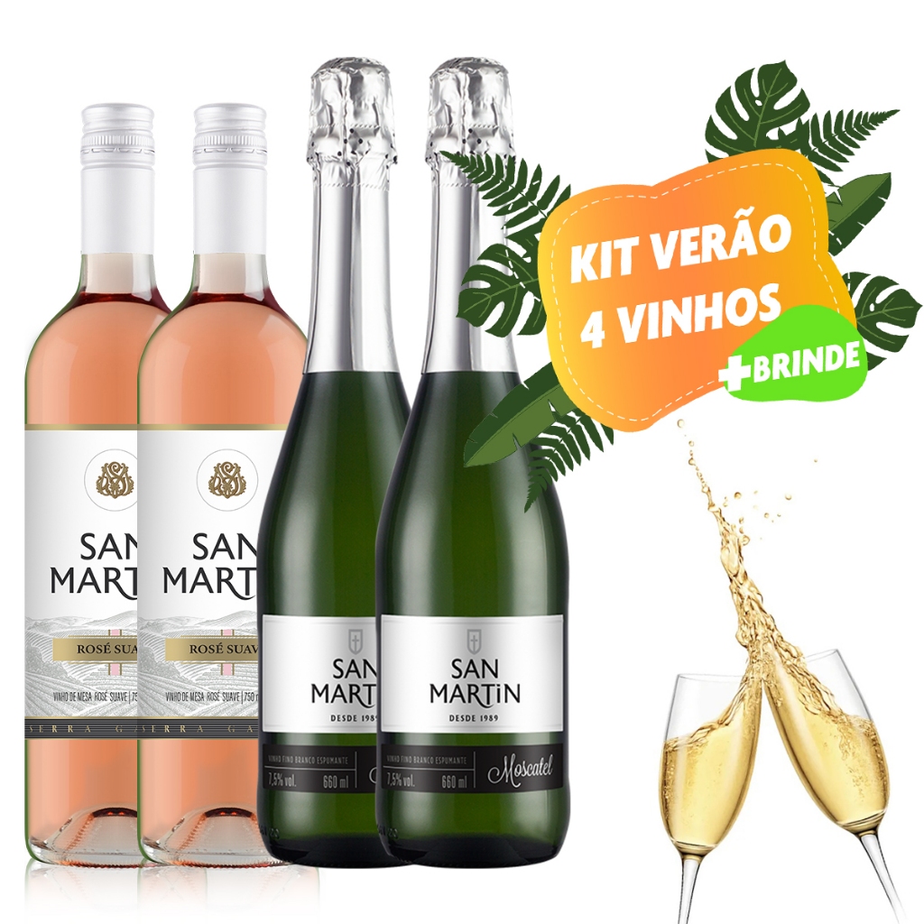 Kit Verao 2 Un Vinho Rosé Suave 750 ML e 2 Espumante Moscatel 660ML + Duas Taças Acrilico de Presente