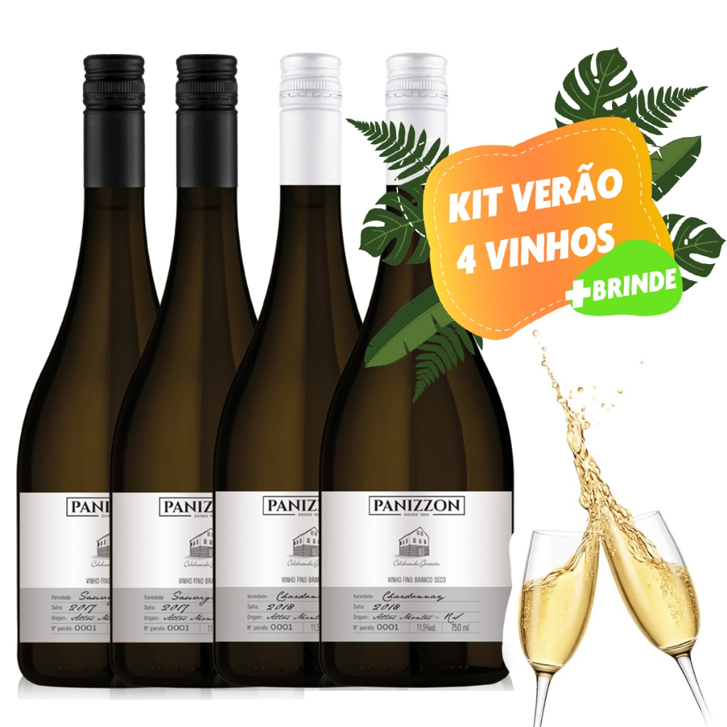 Kit VERAO  Vinho Braco Seco Fino Panizzon 2 Sauvgnion Blanc + 2 Chardonanny  750ml + 2 Taça de Acrelico Presente em Oferta na Shopee