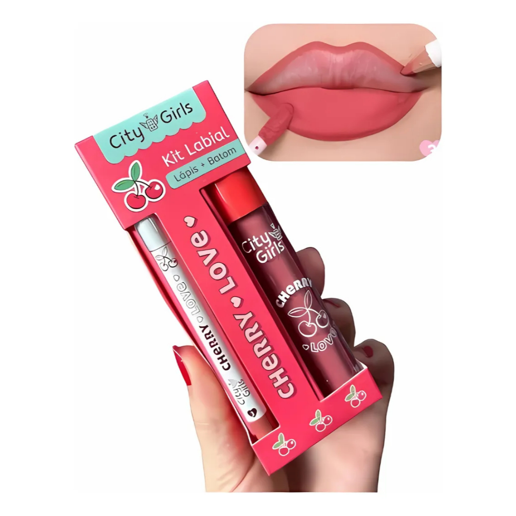 Kit Labial City Girls Cherry Love Lápis de Boca e Batom Efeito Cereja Original