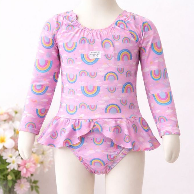 Maiô Infantil Manga Longa com Babado Suplex – Estampa Coloridas e Vibrantes – Tamanhos 6 ao 10