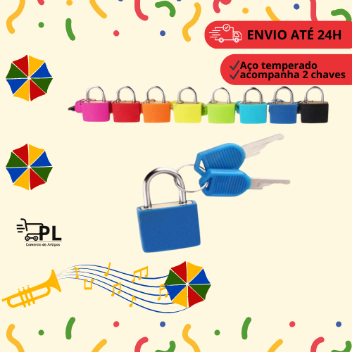 Imagem Cadeado Bravo Colorido com Chave | Trava Segura e Estilosa | Mochila, Armário, Malas