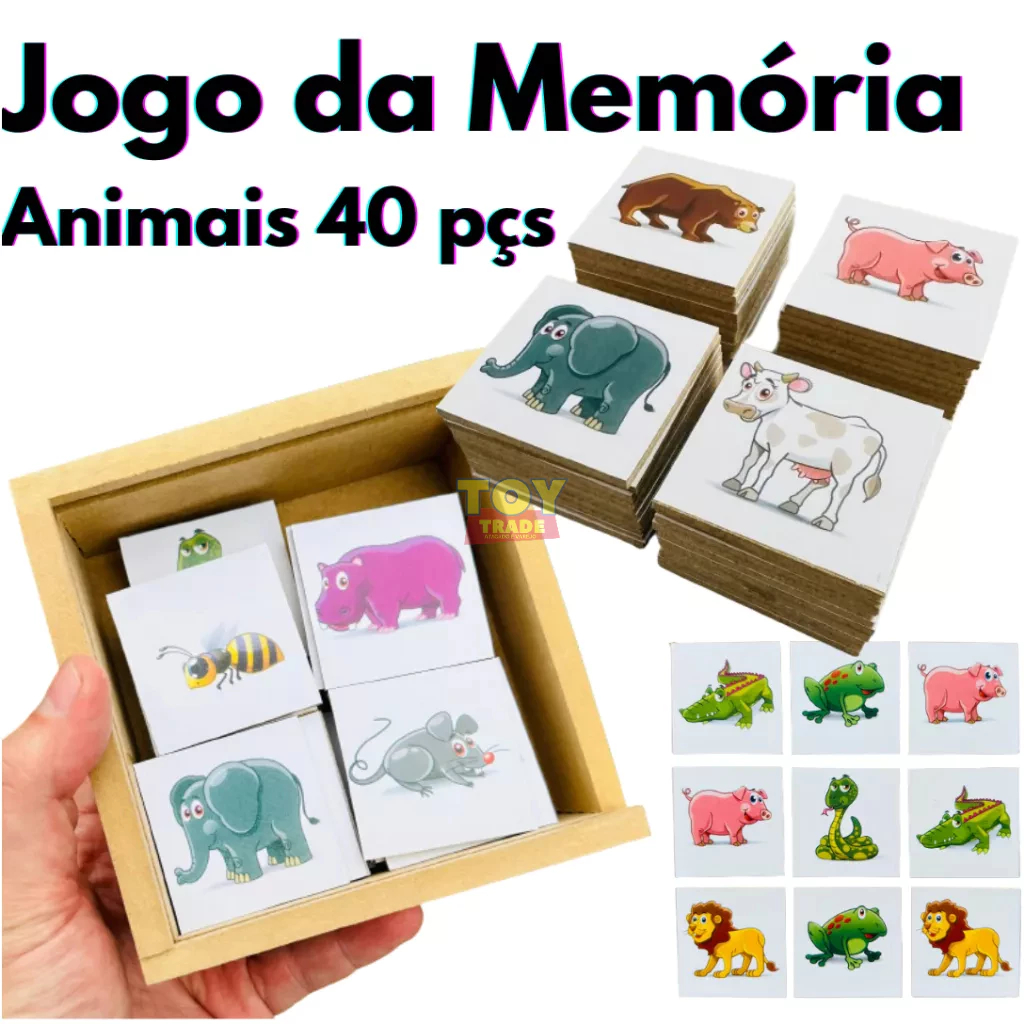 Jogo da Memória Animais em Madeira Brinquedo Educativo Infantil 40 Peças em Oferta na Shopee