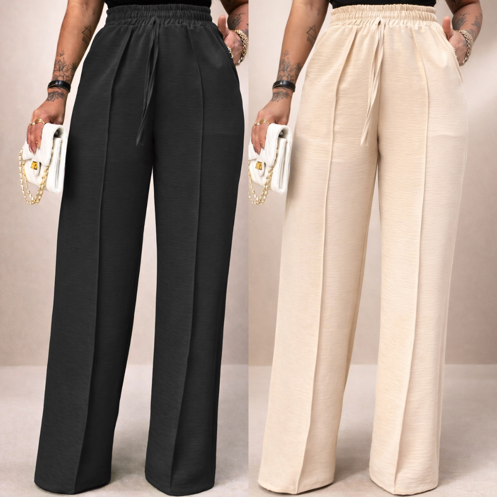 Calça Pantalona Branca Duna Cintura Elastico Moda Feminina