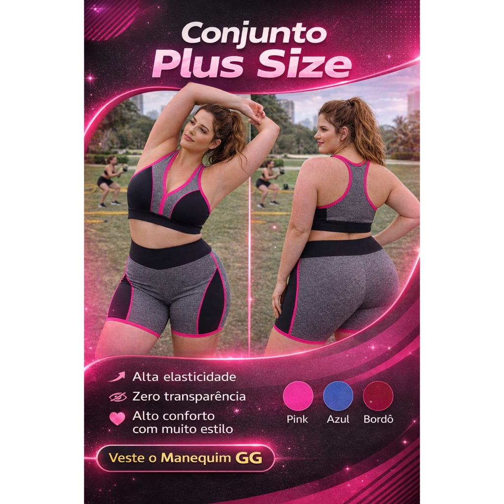 Conjunto Academia Fitness Suplex Plus Size Short e Top Cintura Alta Zero Transparência Yoga