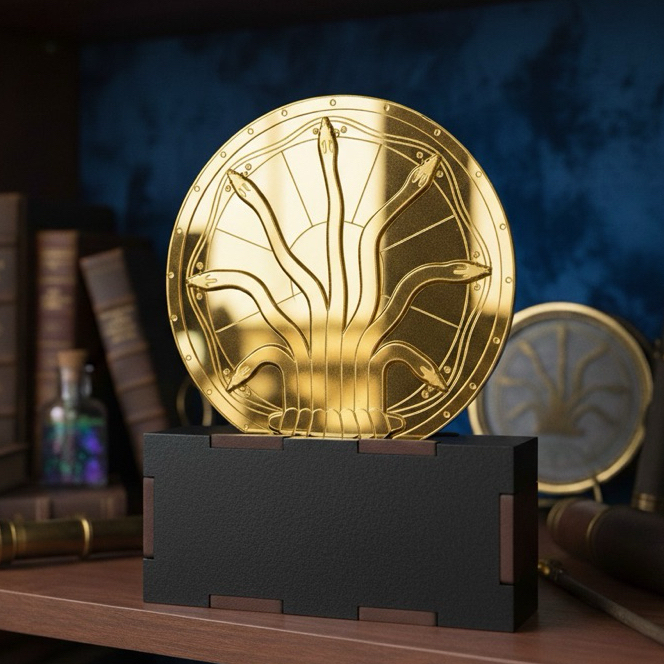 Luminária Harry Potter Câmara Secreta LED Entrada Acrílico Dourado 10cm Base MDF Preto Sonserina
