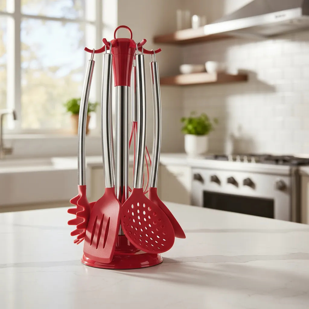 Imagem Kit Utensílios de Cozinha 7 Peças em Silicone e Aço Inox para Cozinhar, Servir e Preparar Alimentos