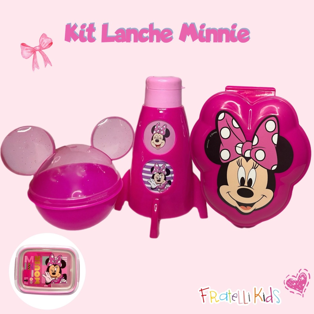 Kit Lancheira Infantil Minnie 3 itens Porta Sanduiche + Pote de Frutas + Garrafinha Foguete Conjunto Marmita Escolar