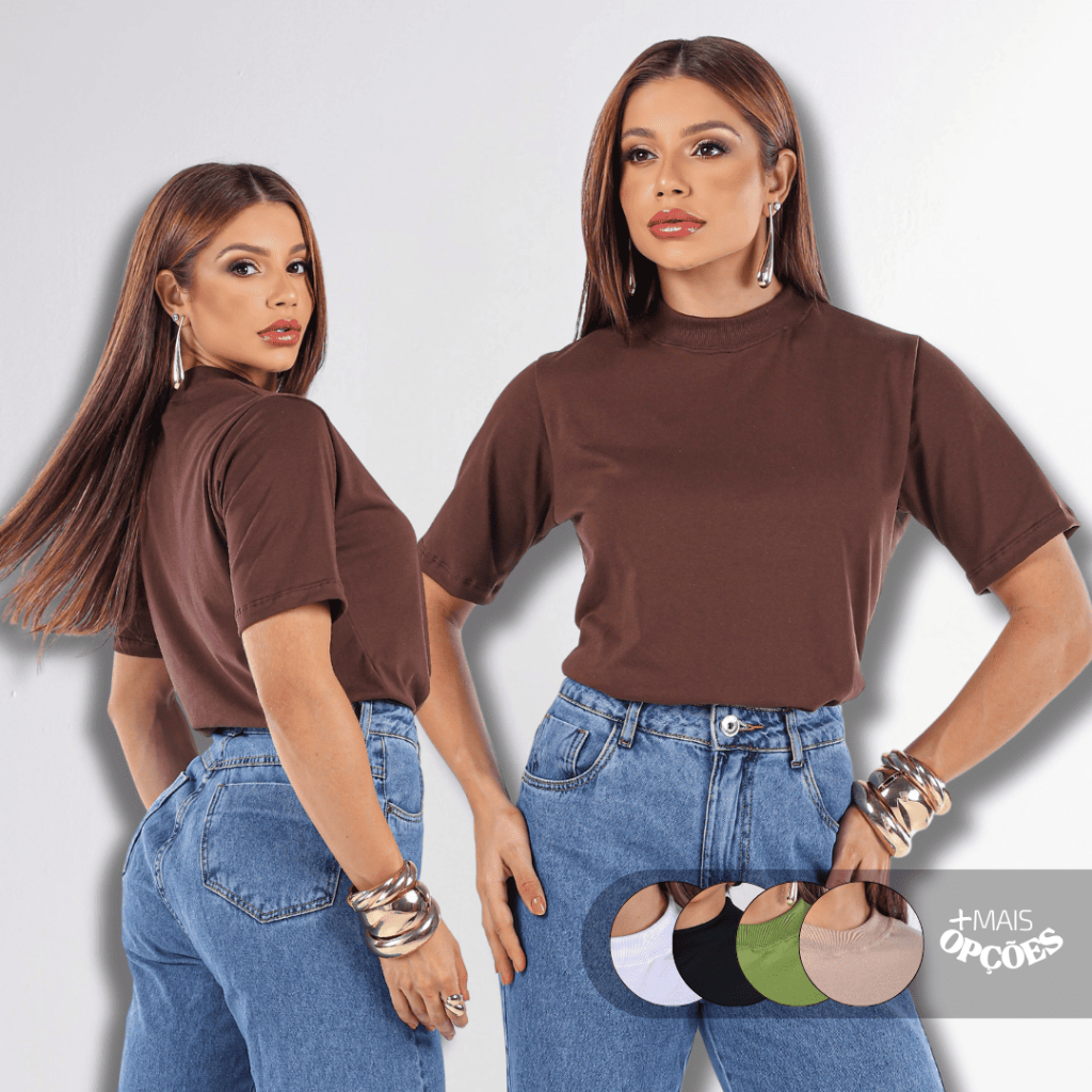 Blusa Gola alta Feminina Algodão Manga Curta Básica em Oferta na Shopee