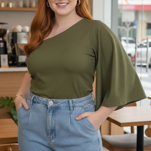 Blusa Feminina Plus Size Nula Manga Flare Suplex Premium Um Ombro Só Elegante Casual em Oferta na Shopee