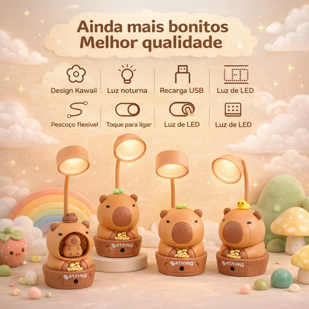 Luminária Capivara LED Mesa | Luz Anti-azul para Proteção dos Olhos + USB Recarregável com Apontador de Lápis (2 Estilos