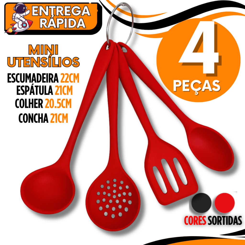 Jogo  04 Mini Utensílios Cozinha Em Silicone Concha + Espátula Vazada + Colher + Escumadeira Multiuso Utilidades