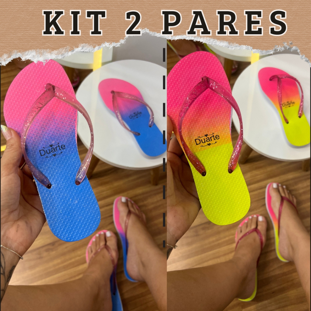 Kit 2 pares chinelo feminino glitter neon confortavel antiderrapante estiloso moda 2026 verão em Oferta na Shopee