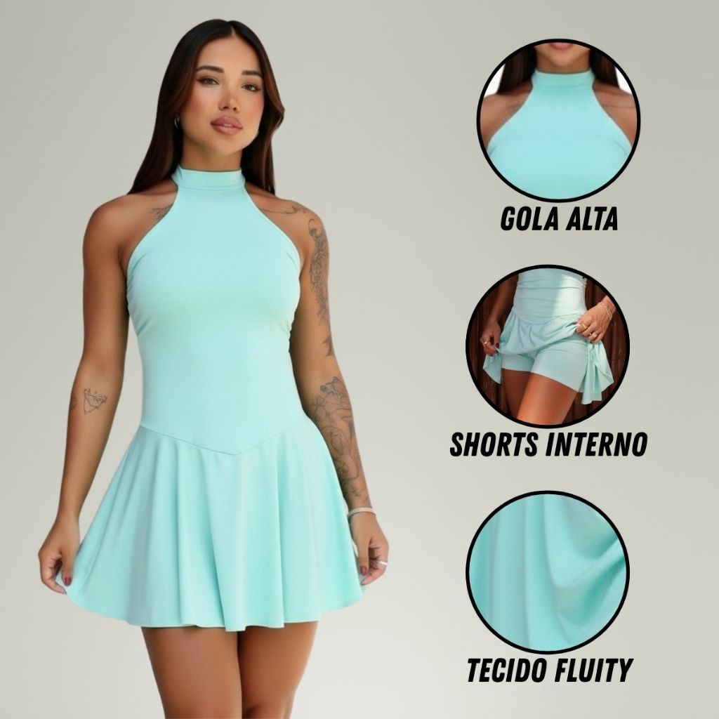 Kit 2 Vestido Mid Dress Fluity Feminino Com Shorts Interno Justa Saia Godê E Gola Alta